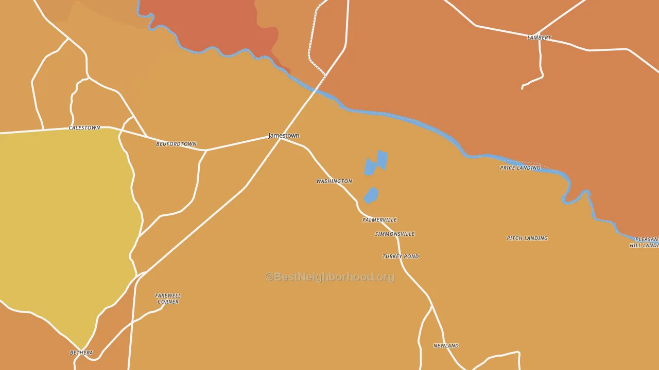 Map of the best neighborhoods in the Jamestown area, with better matches in green and worse matches in red