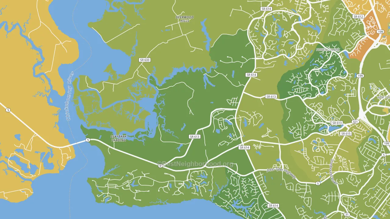 Map of the best neighborhoods in the Jamestown area, with better matches in green and worse matches in red
