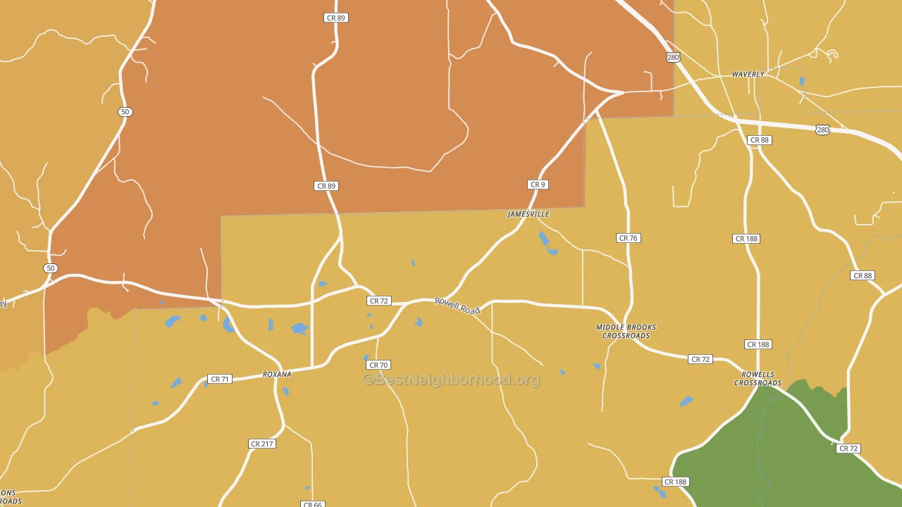 Map of the best neighborhoods in the Jamesville area, with better matches in green and worse matches in red