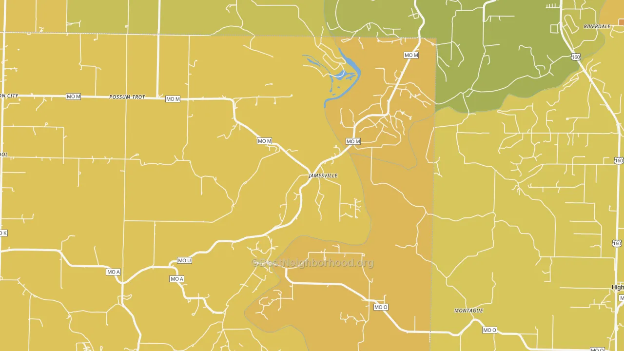 Map of the best neighborhoods in the Jamesville area, with better matches in green and worse matches in red