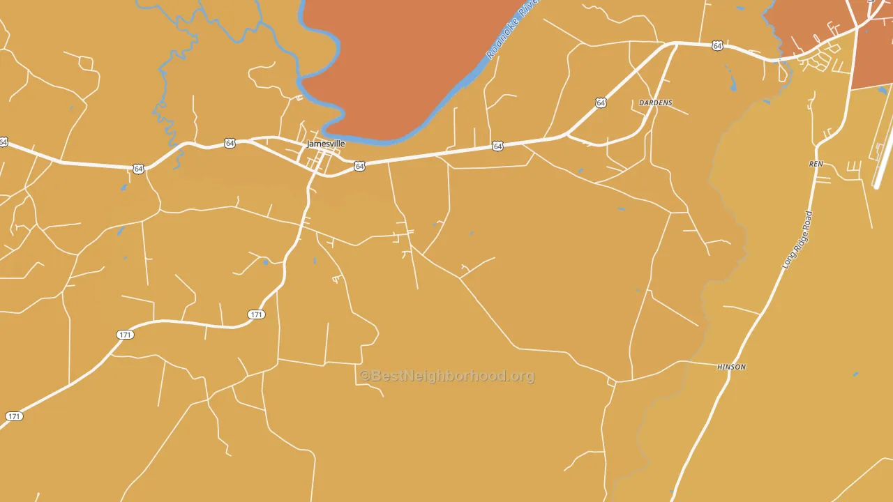 Map of the best neighborhoods in the Jamesville area, with better matches in green and worse matches in red