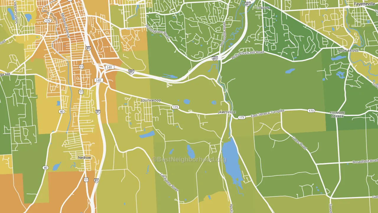 Map of the best neighborhoods in the Jamesville area, with better matches in green and worse matches in red