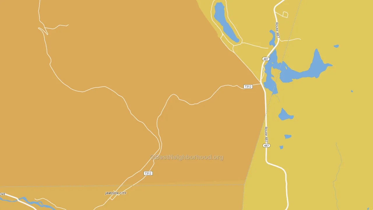 Map of the best neighborhoods in the Jamison City area, with better matches in green and worse matches in red