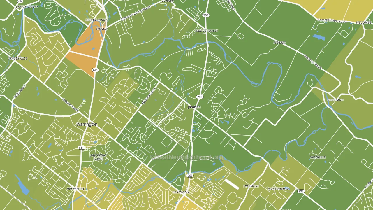 Map of the best neighborhoods in the Jamison area, with better matches in green and worse matches in red