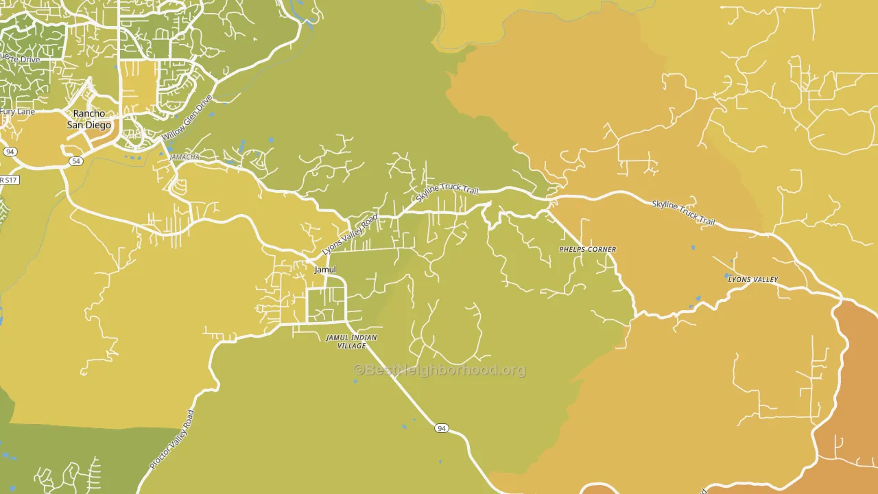 Map of the best neighborhoods in the Jamul area, with better matches in green and worse matches in red