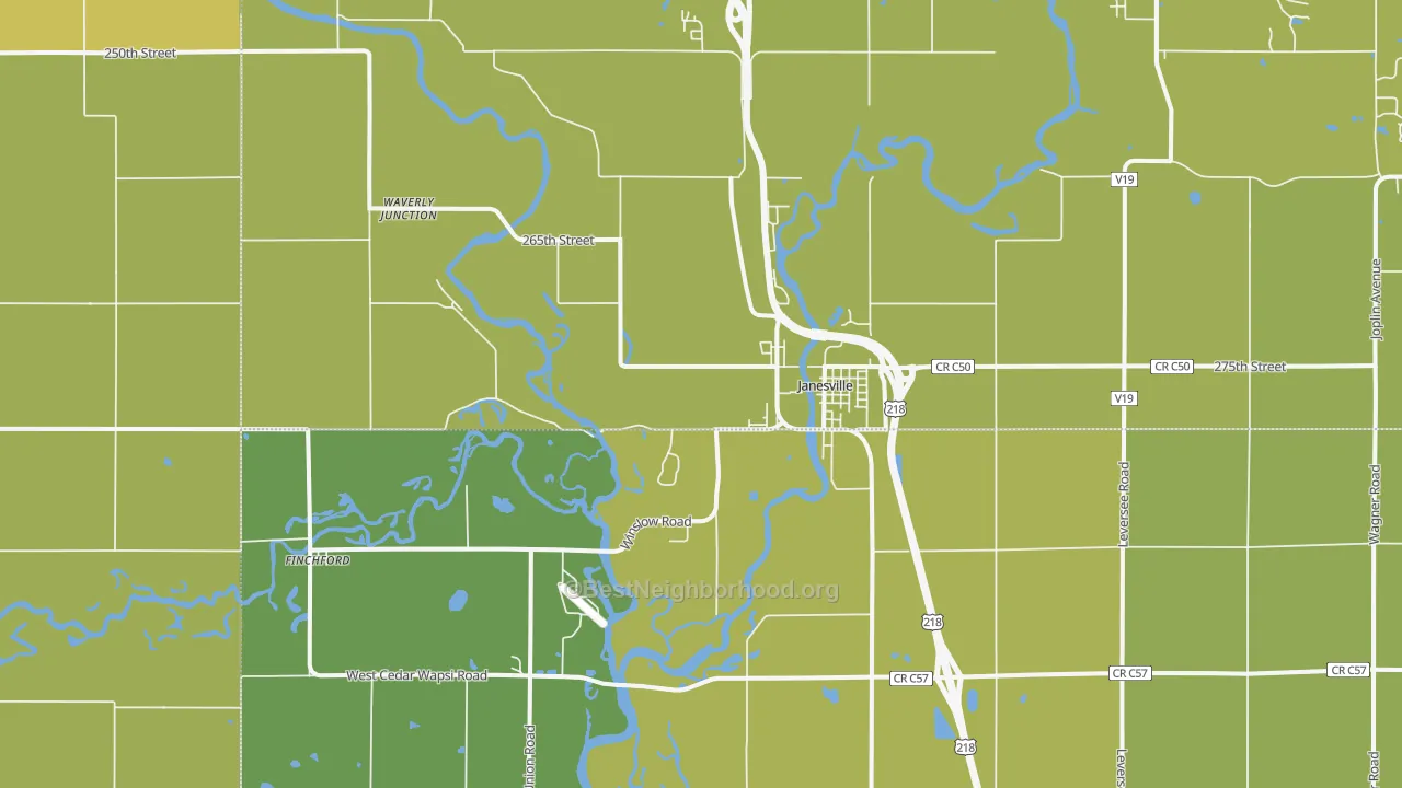 Map of the best neighborhoods in the Janesville area, with better matches in green and worse matches in red
