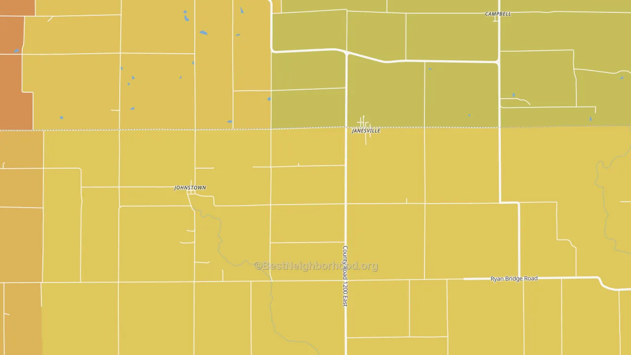 Map of the best neighborhoods in the Janesville area, with better matches in green and worse matches in red