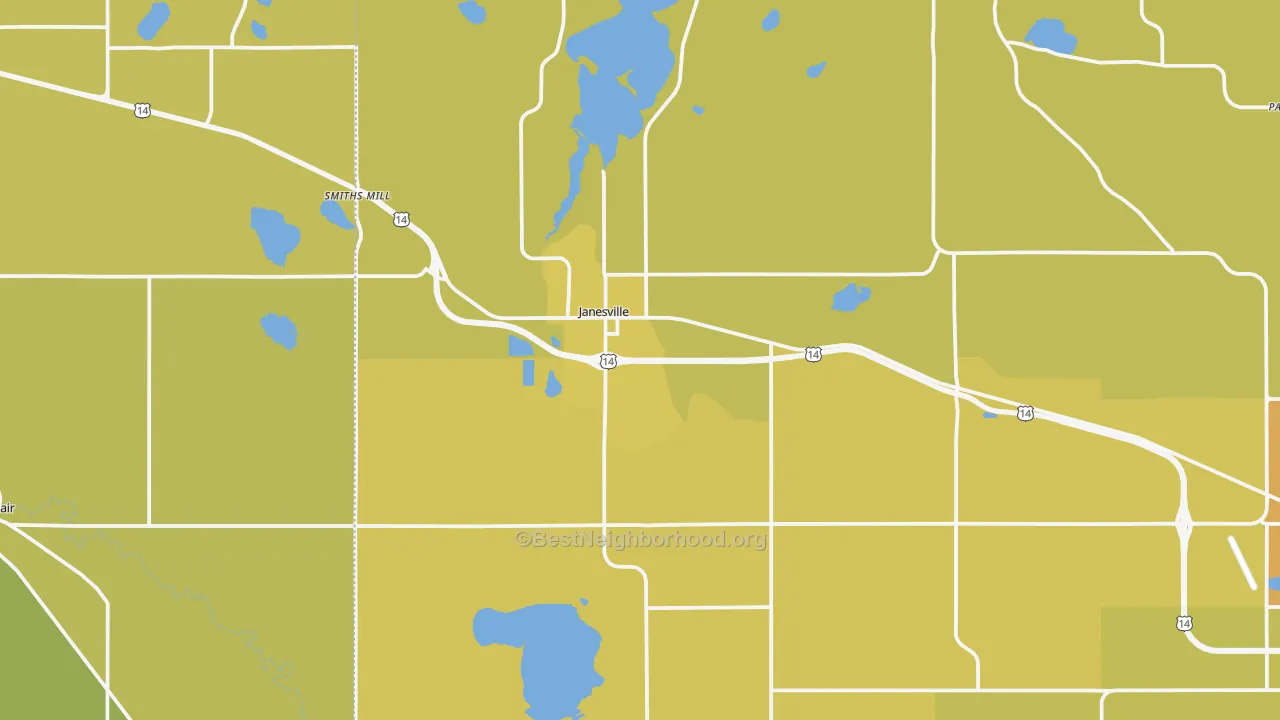 Map of the best neighborhoods in the Janesville area, with better matches in green and worse matches in red
