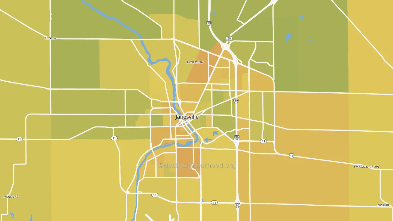 Map of the best neighborhoods in the Janesville Metro area, with better matches in green and worse matches in red
