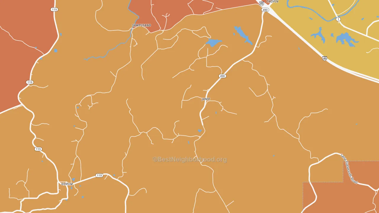 Map of the best neighborhoods in the Janie area, with better matches in green and worse matches in red