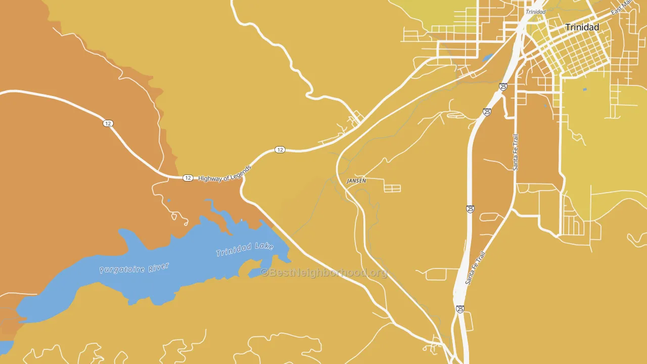 Map of the best neighborhoods in the Jansen area, with better matches in green and worse matches in red