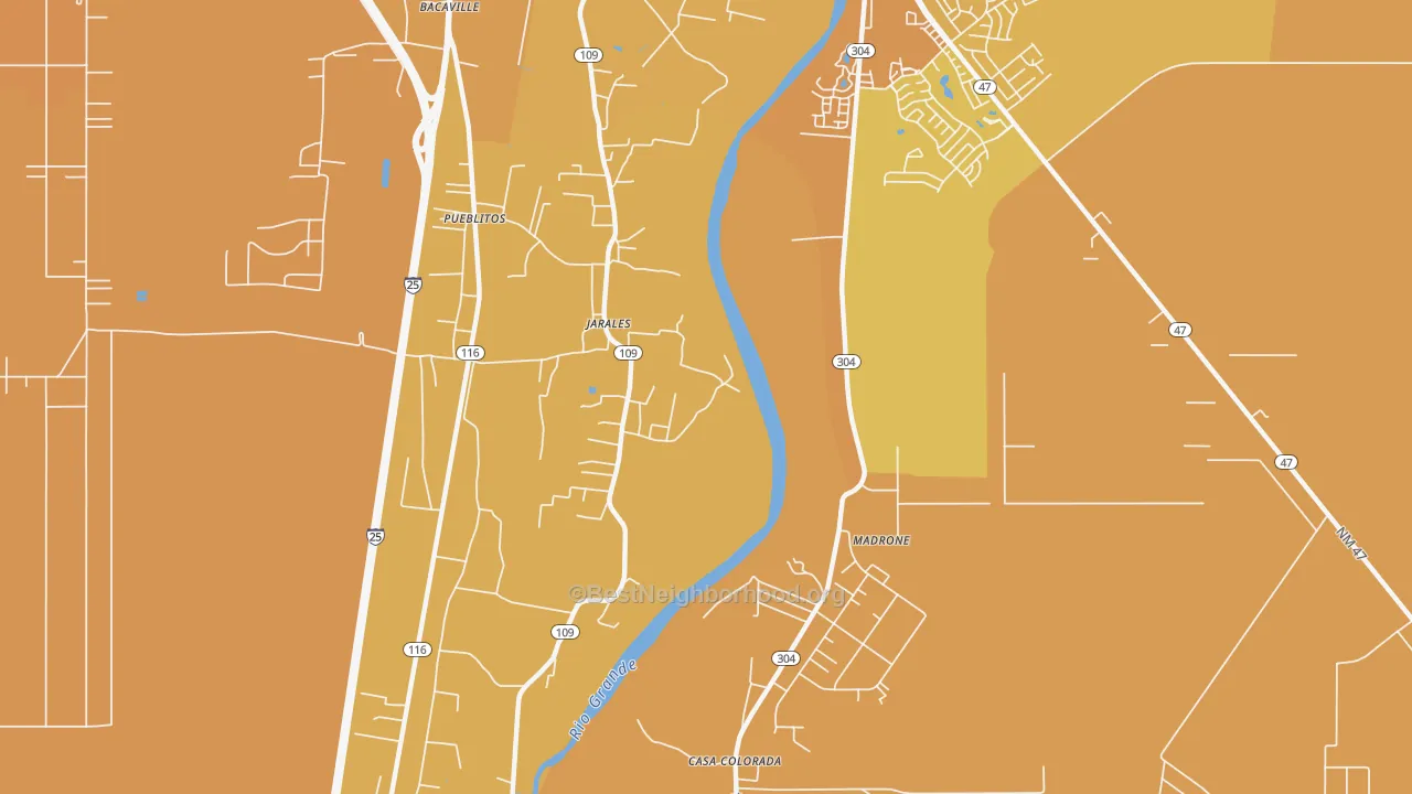 Map of the best neighborhoods in the Jarales area, with better matches in green and worse matches in red