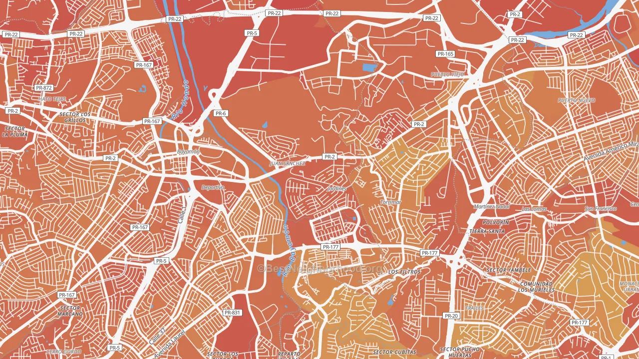 Map of the best neighborhoods in the Jardines de Caparra, Bayamon area, with better matches in green and worse matches in red