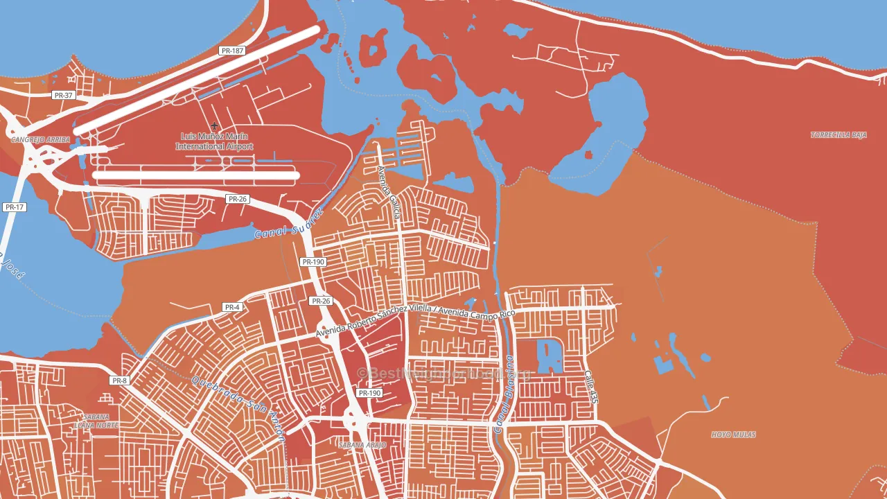 Map of the best neighborhoods in the Jardines de Country Club, Carolina area, with better matches in green and worse matches in red