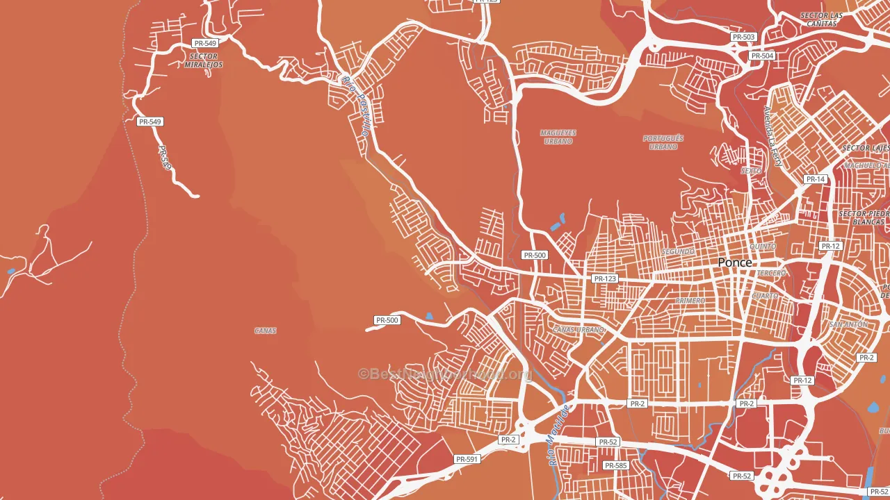 Map of the best neighborhoods in the Jardines del Caribe, Ponce area, with better matches in green and worse matches in red