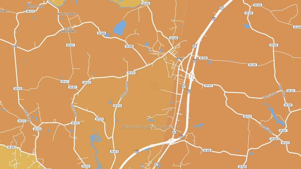 Map of the best neighborhoods in the Jarratt area, with better matches in green and worse matches in red