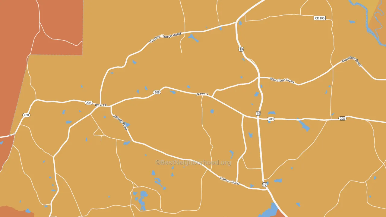 Map of the best neighborhoods in the Jarrell area, with better matches in green and worse matches in red