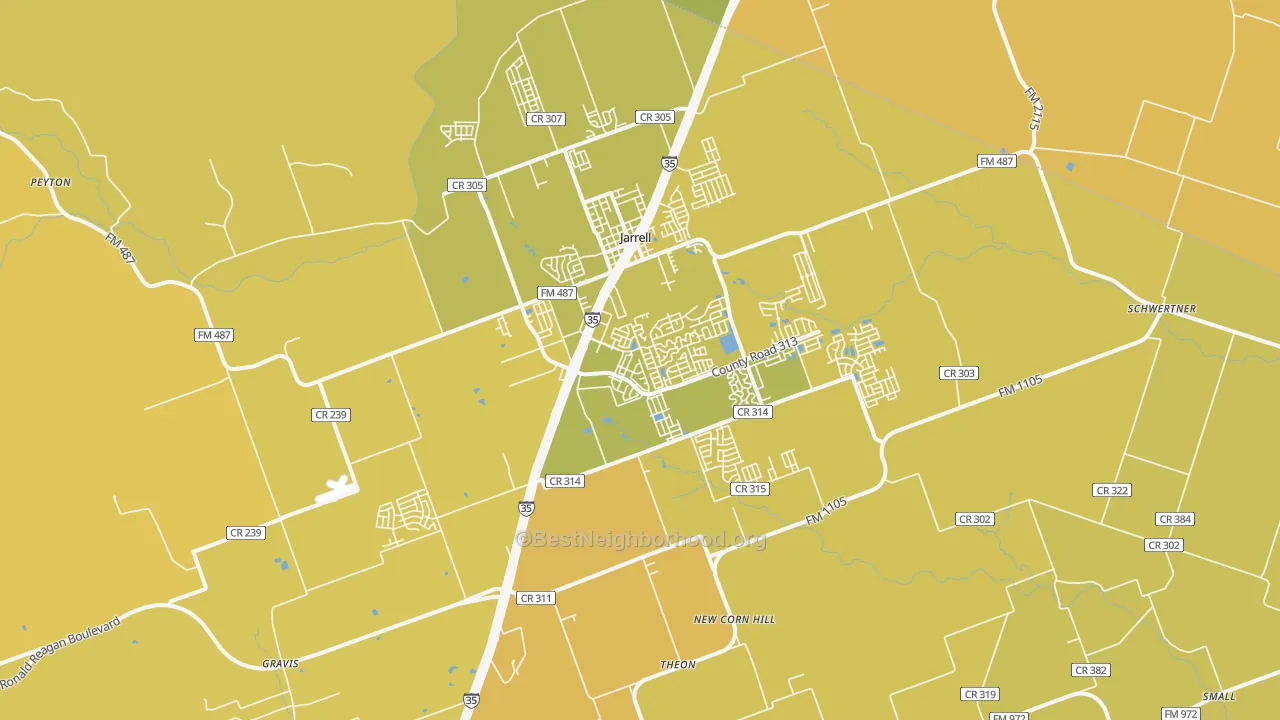 Map of the best neighborhoods in the Jarrell area, with better matches in green and worse matches in red