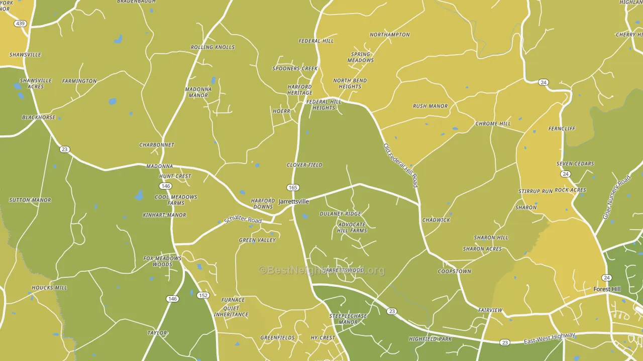 Map of the best neighborhoods in the Jarrettsville area, with better matches in green and worse matches in red