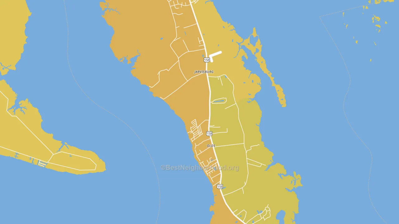 Map of the best neighborhoods in the Jarvisburg area, with better matches in green and worse matches in red