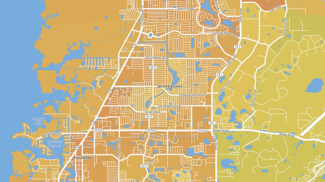 Map of the best neighborhoods in the Jasmine Estates area, with better matches in green and worse matches in red