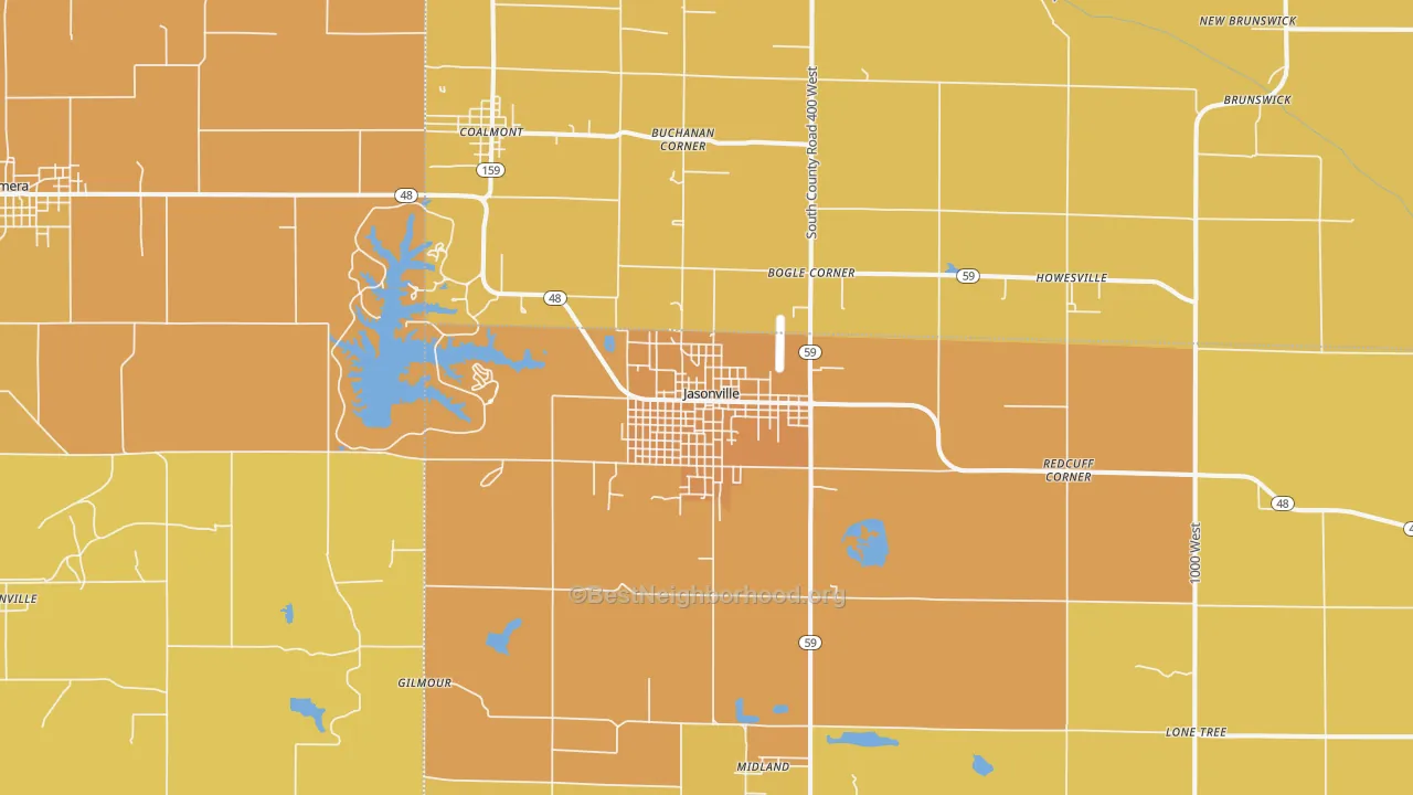 Map of the best neighborhoods in the Jasonville area, with better matches in green and worse matches in red