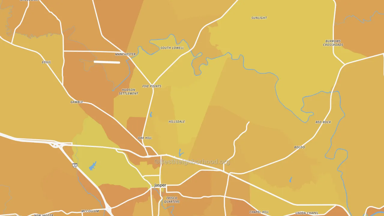 Map of the best neighborhoods in the Jasper area, with better matches in green and worse matches in red