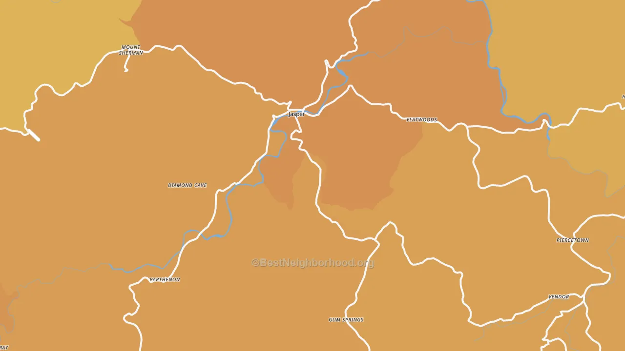 Map of the best neighborhoods in the Jasper area, with better matches in green and worse matches in red