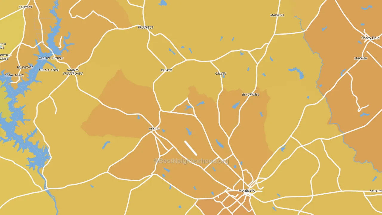 Map of the best neighborhoods in the Jasper County area, with better matches in green and worse matches in red