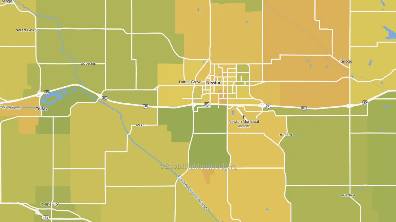 Map of the best neighborhoods in the Jasper County area, with better matches in green and worse matches in red
