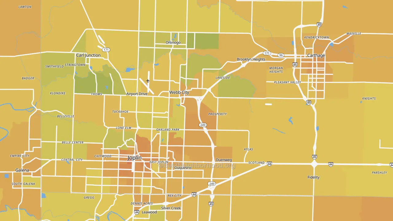 Map of the best neighborhoods in the Jasper County area, with better matches in green and worse matches in red