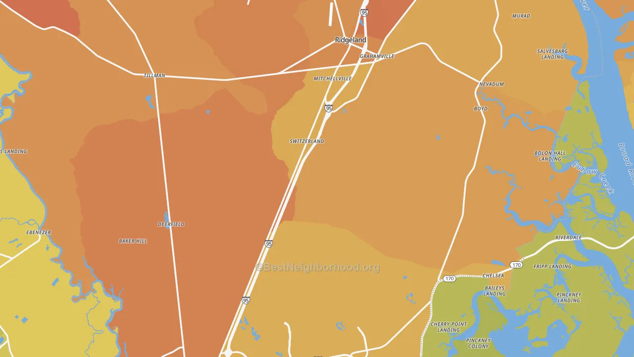 Map of the best neighborhoods in the Jasper County area, with better matches in green and worse matches in red