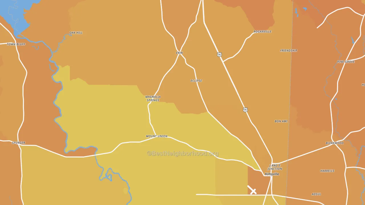 Map of the best neighborhoods in the Jasper County area, with better matches in green and worse matches in red