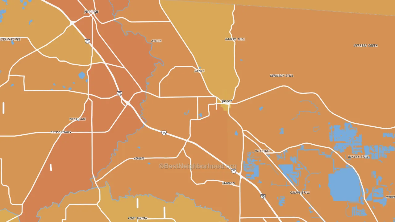Map of the best neighborhoods in the Jasper area, with better matches in green and worse matches in red