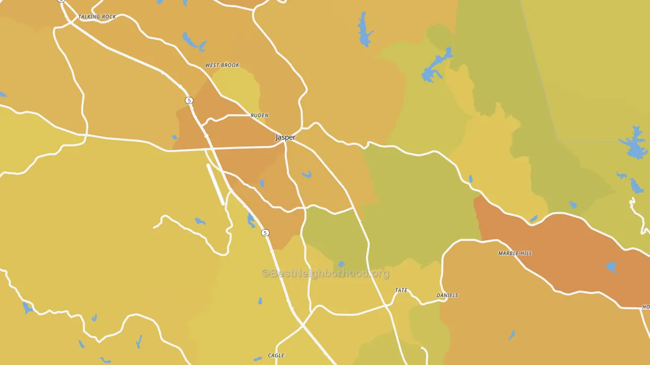 Map of the best neighborhoods in the Jasper area, with better matches in green and worse matches in red