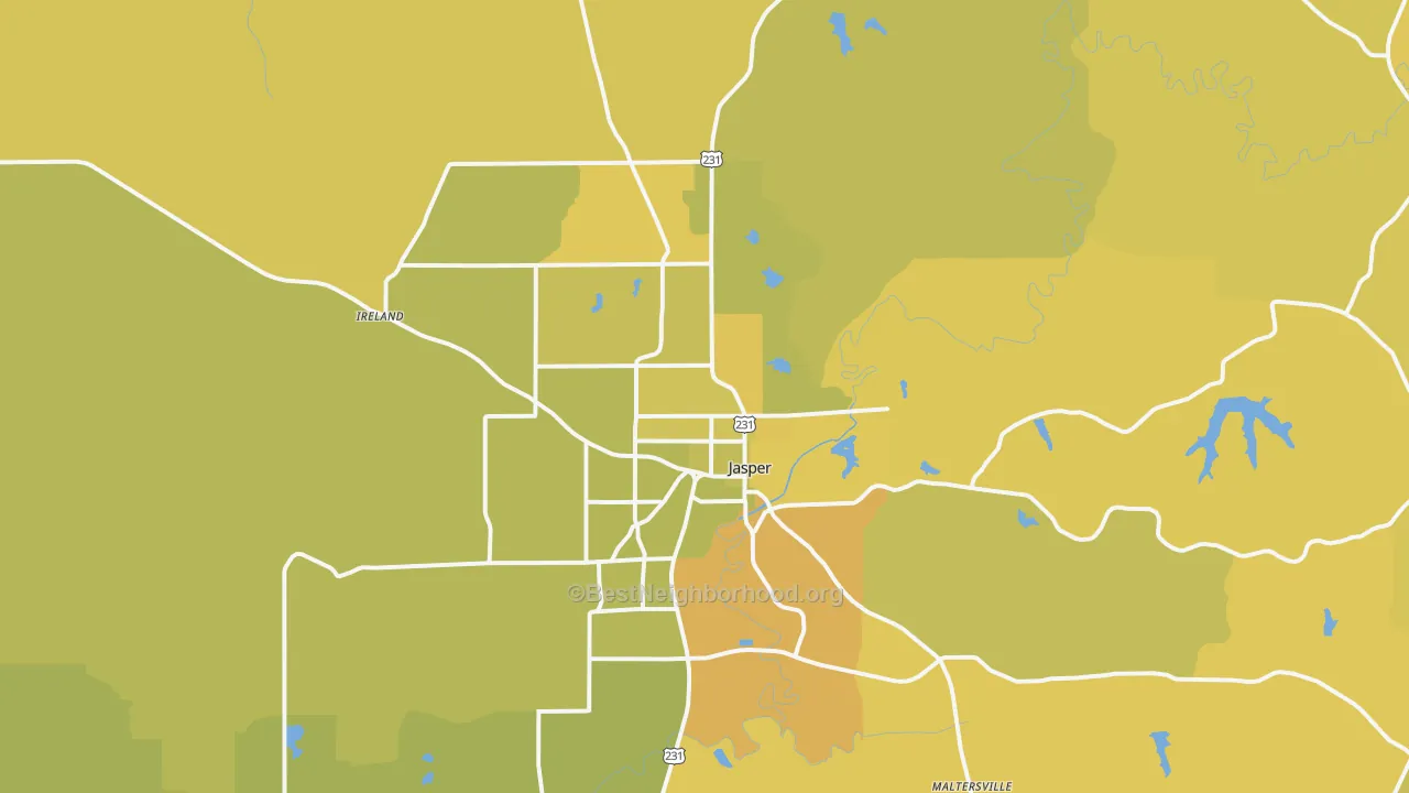 Map of the best neighborhoods in the Jasper area, with better matches in green and worse matches in red