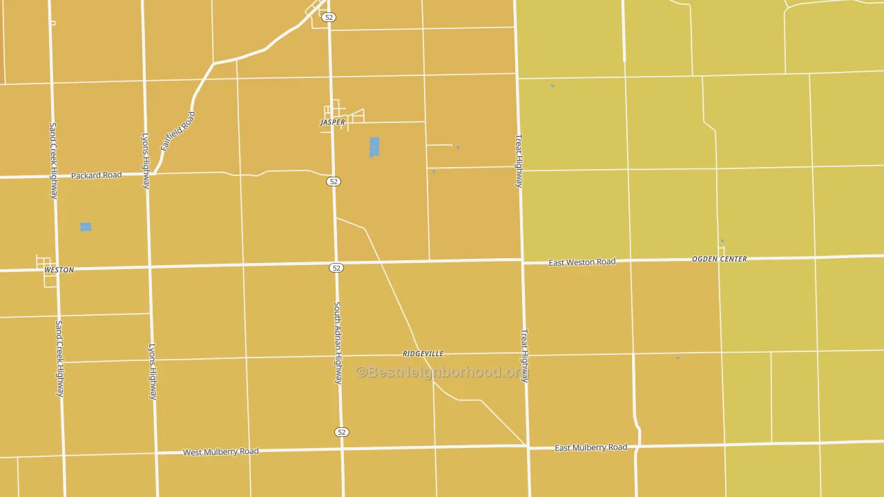 Map of the best neighborhoods in the Jasper area, with better matches in green and worse matches in red