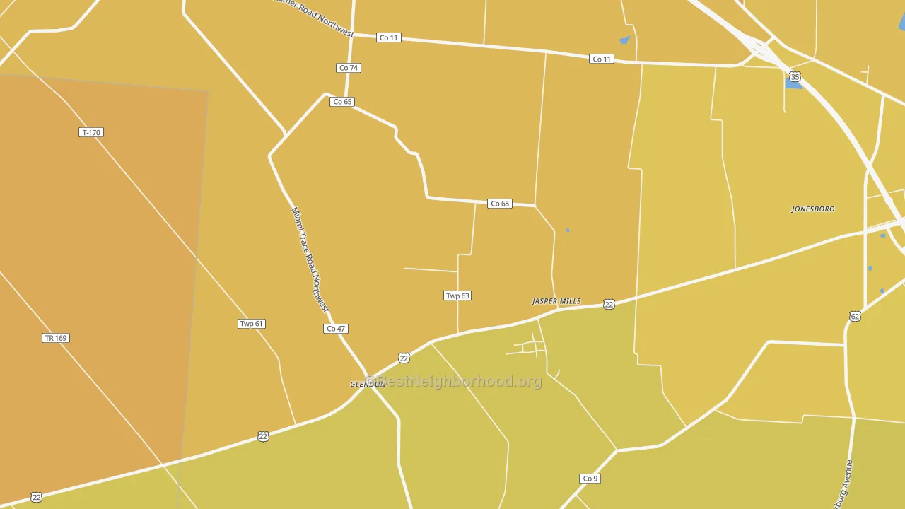 Map of the best neighborhoods in the Jasper Mills area, with better matches in green and worse matches in red