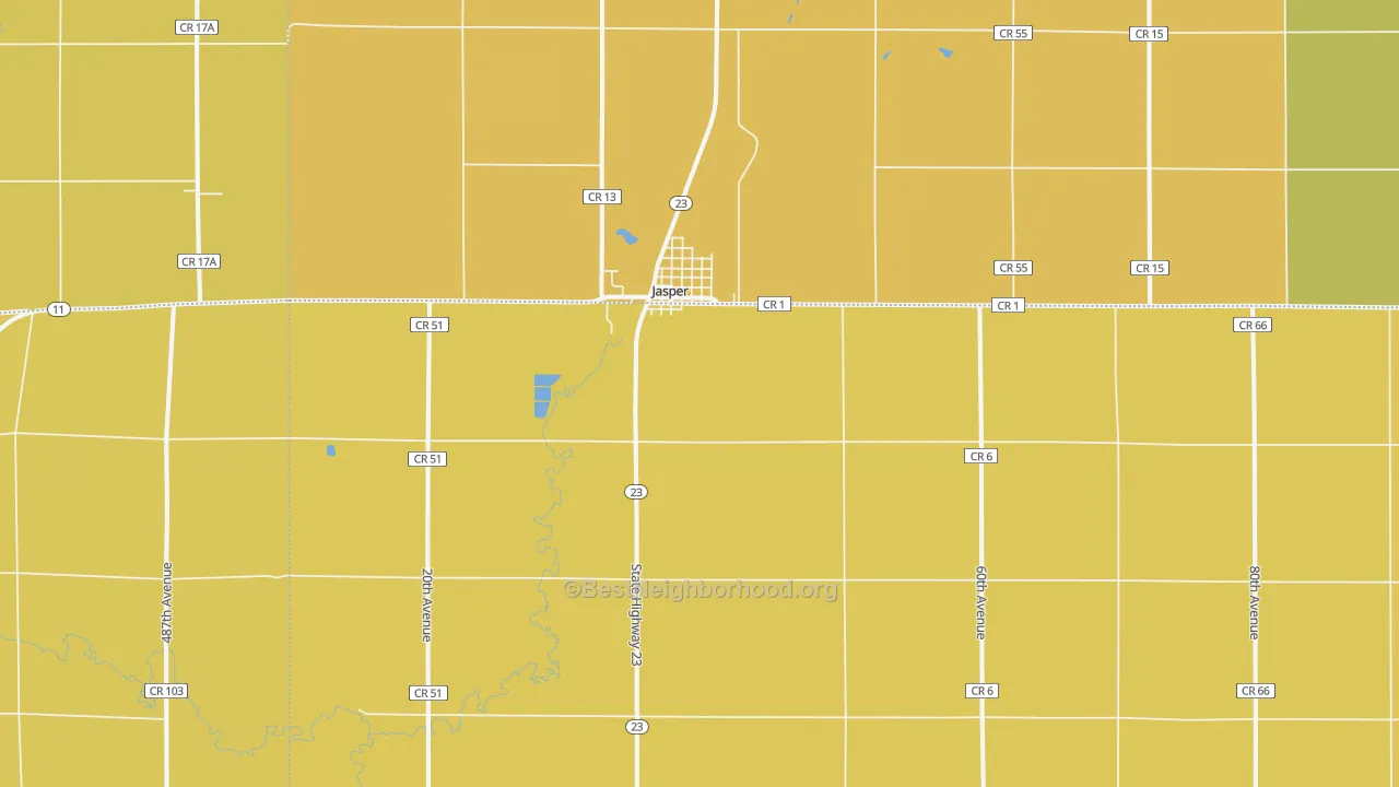Map of the best neighborhoods in the Jasper area, with better matches in green and worse matches in red