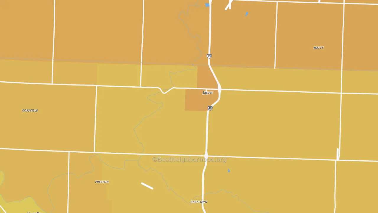 Map of the best neighborhoods in the Jasper area, with better matches in green and worse matches in red