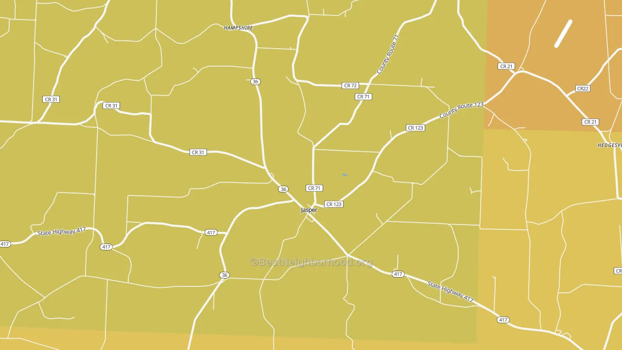 Map of the best neighborhoods in the Jasper area, with better matches in green and worse matches in red