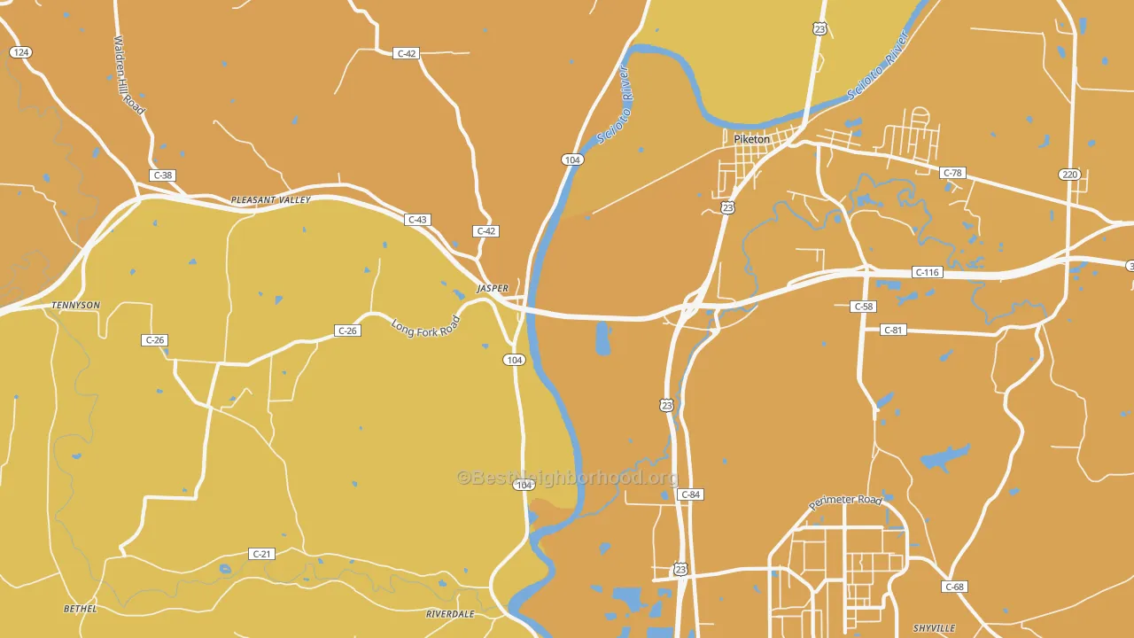 Map of the best neighborhoods in the Jasper area, with better matches in green and worse matches in red