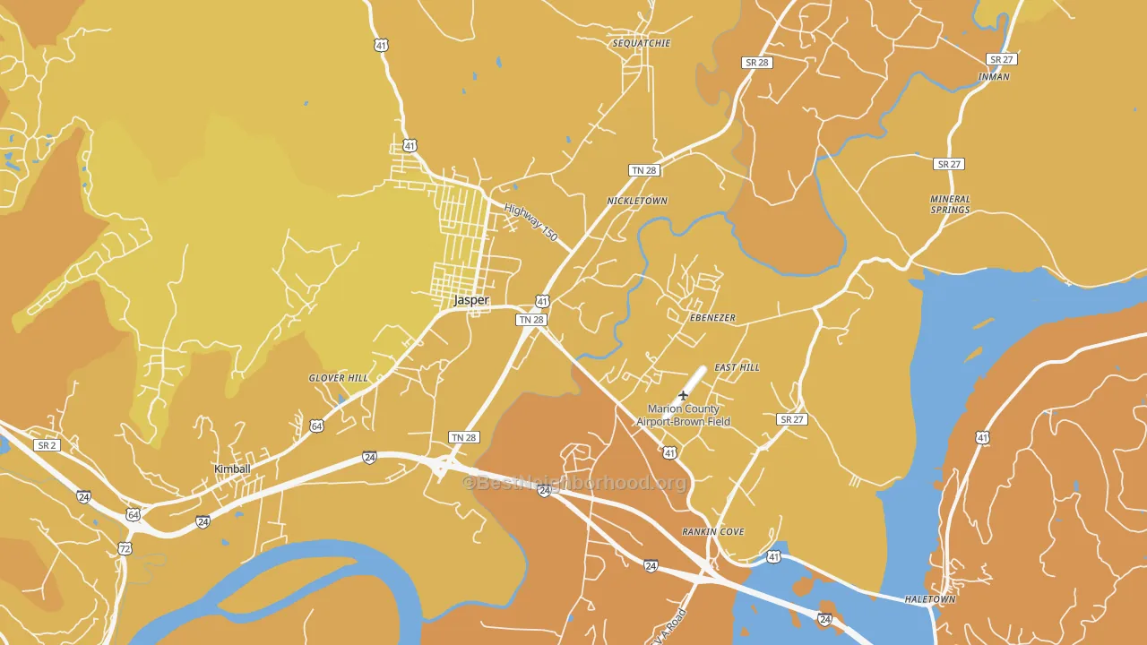 Map of the best neighborhoods in the Jasper area, with better matches in green and worse matches in red