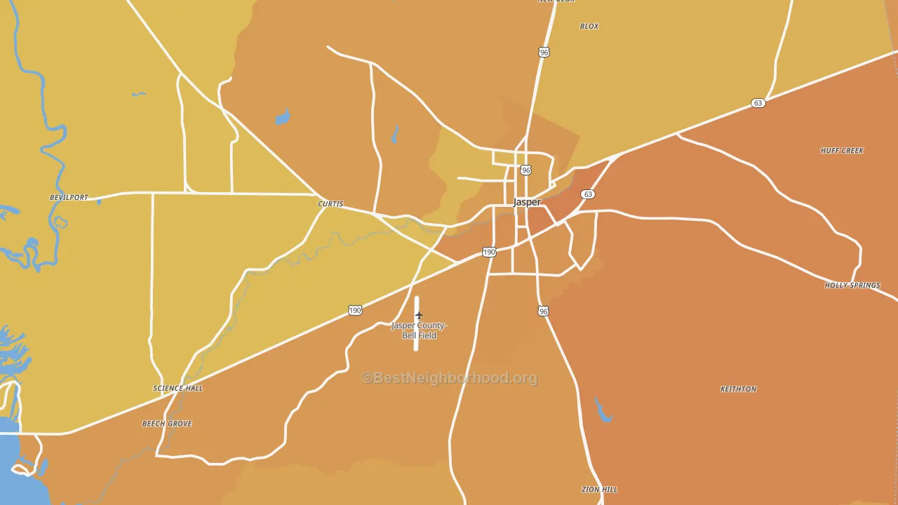 Map of the best neighborhoods in the Jasper area, with better matches in green and worse matches in red