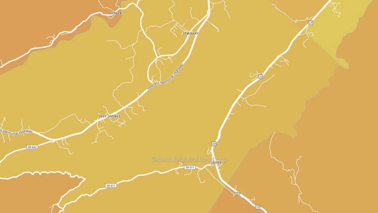 Map of the best neighborhoods in the Jasper area, with better matches in green and worse matches in red