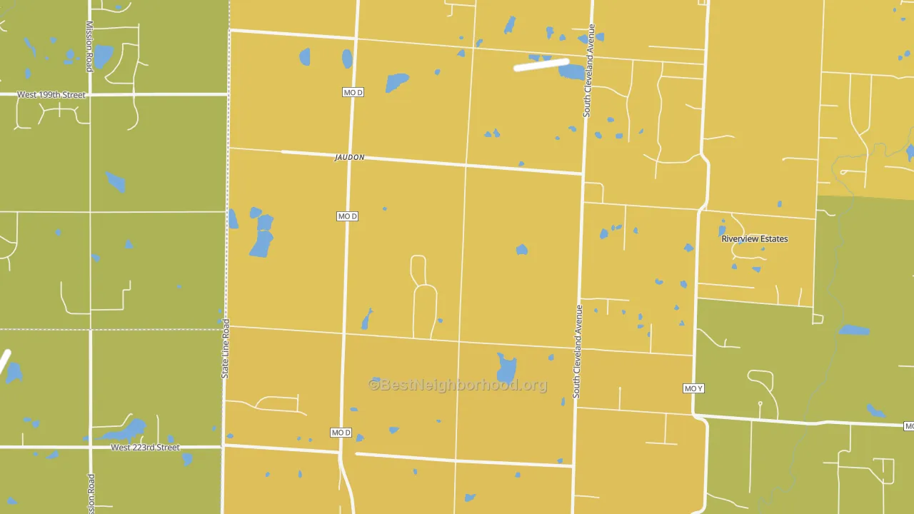 Map of the best neighborhoods in the Jaudon area, with better matches in green and worse matches in red