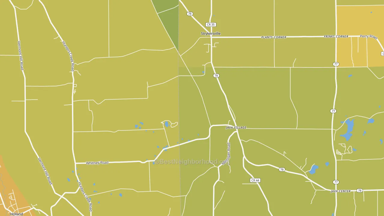 Map of the best neighborhoods in the Java Village area, with better matches in green and worse matches in red
