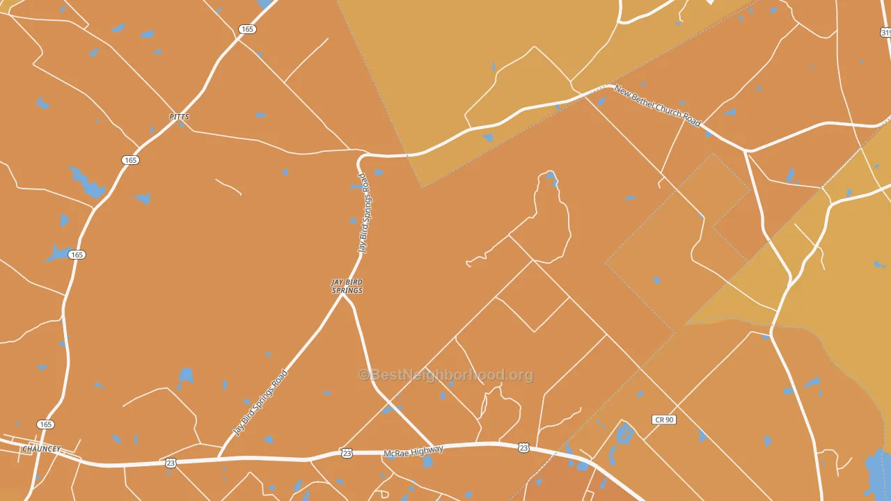 Map of the best neighborhoods in the Jay Bird Springs area, with better matches in green and worse matches in red