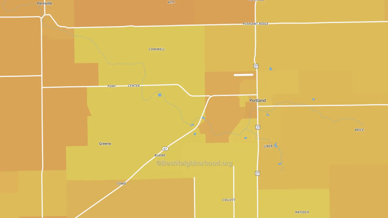 Map of the best neighborhoods in the Jay County area, with better matches in green and worse matches in red