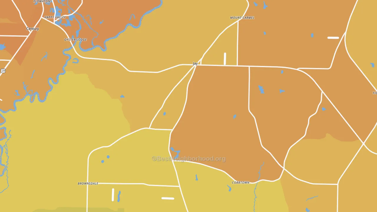 Map of the best neighborhoods in the Jay area, with better matches in green and worse matches in red